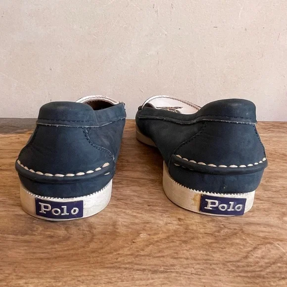 RALPH LAUREN POLO Vtg 80s Nautical Blue White Crest Loafer Deck Shoes 8.5AA Nice